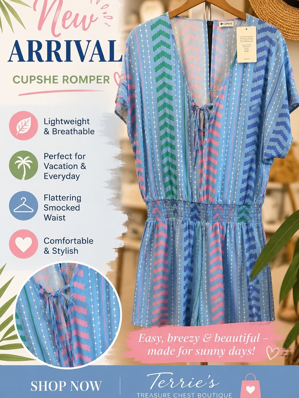 Cupshe Blue Romper with Pink and Green Chevron Stripes